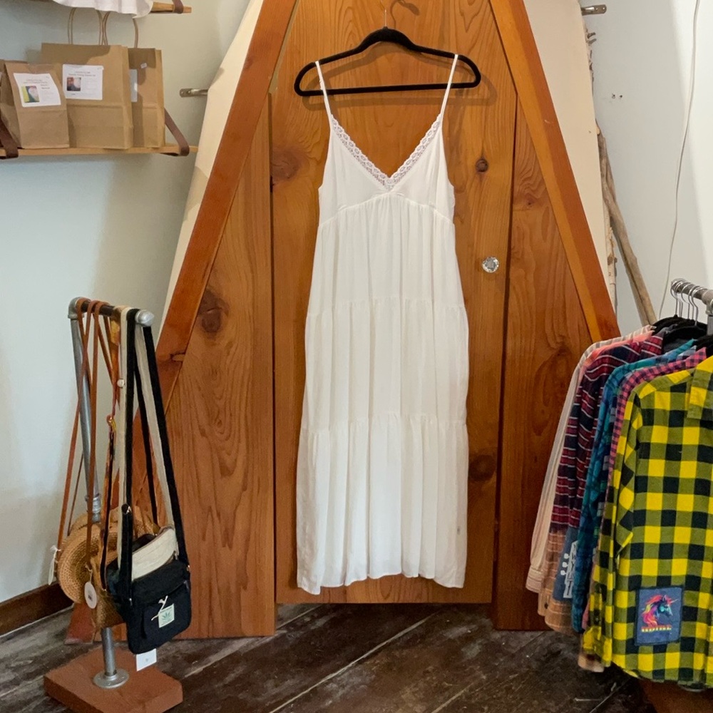 Rhythm White Maxi Slip Dress with Lace Trim